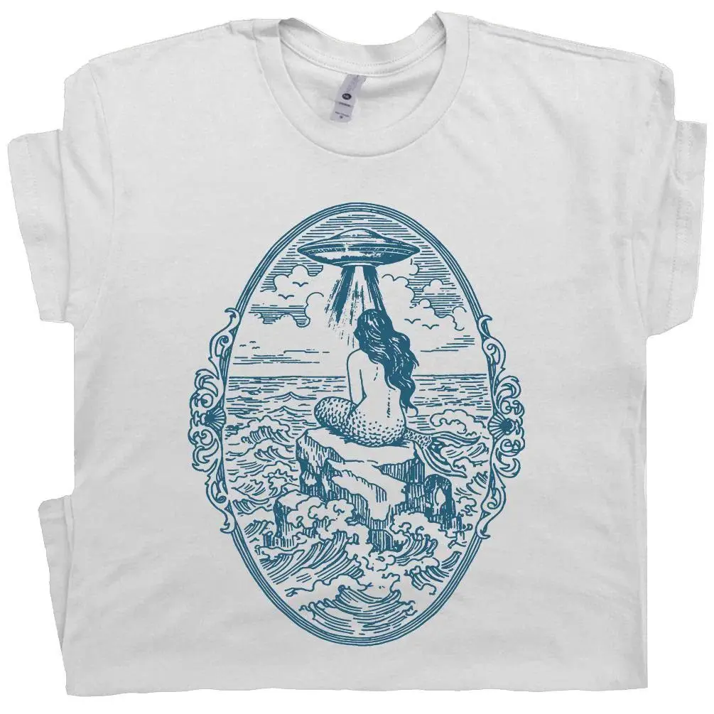 Vintage Mermaid T Shirt Alien UFO Graphic Shirts for Men Women Guys Flying Saucer Tee Ocean Theme Weird Unhinged T-Shirt Odd Strange Tshirt