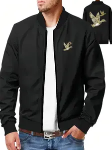 Men's Eagle Print Zip Up Bomber Jacket, Regular Fit Casual Long Sleeve Baseball Collar Outerwear for Fall & Winter, Men's Clothes for Daily Wear, Coats