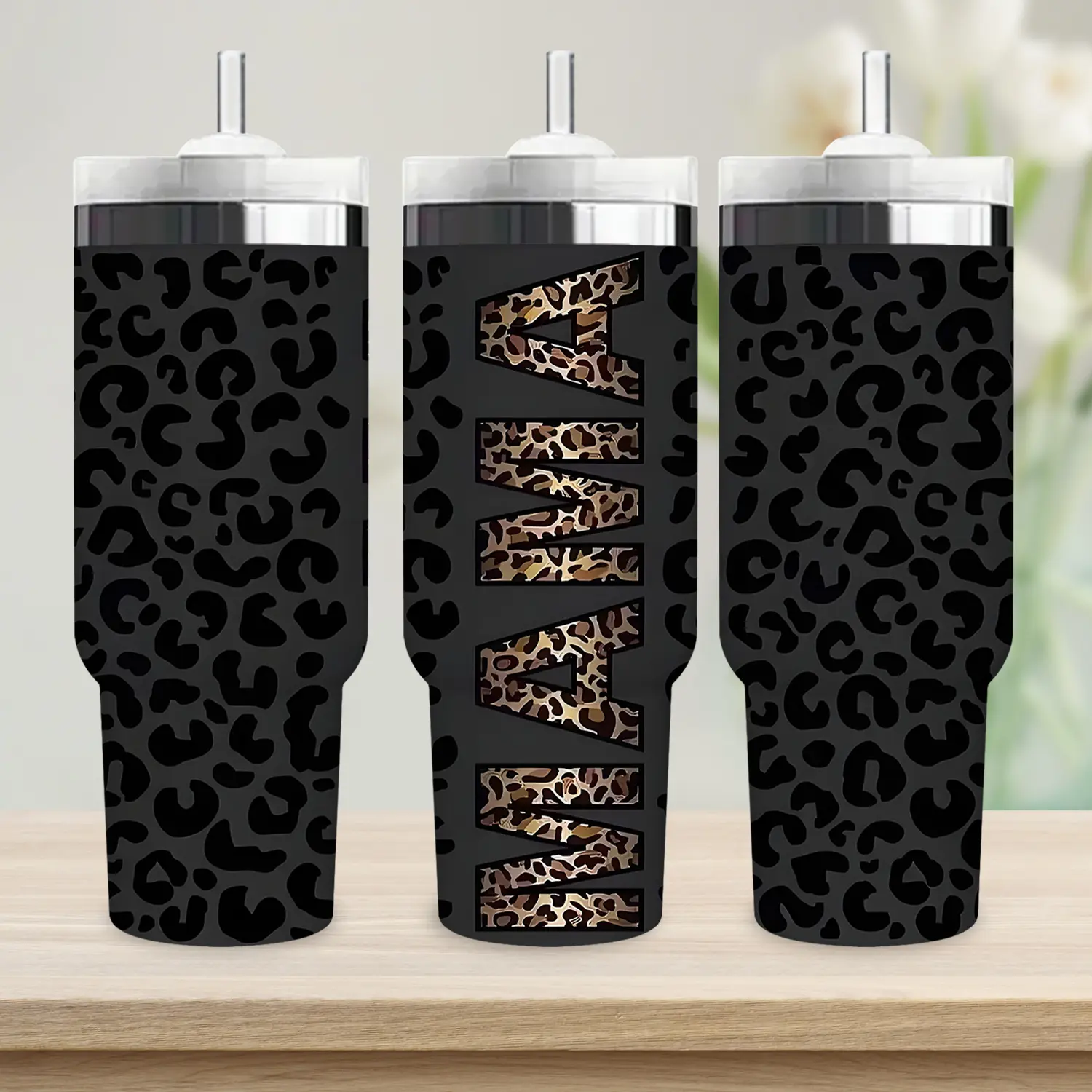 40oz Leopard Print Mama Insulated Stainless Steel Travel Cup, Insulated Tumbler, Includes Lid and Straw, Perfect Gift for Friends and Family, Ideal for Mother's Day
