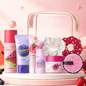 Daily Skincare Essentials -LAIKOU 5-Step Fruit Extracts Facial Routine Gift Set - Deep Cleansing & Overnight Repair Skincare Bundle for Radiant Skin - Portable Beauty Box with Transparent Toiletry Pouch & Hair Accessories
