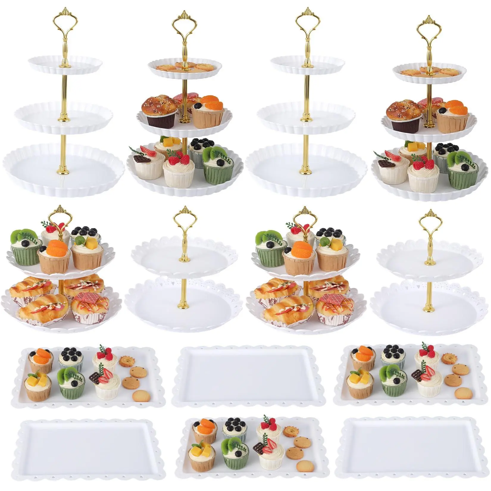 GARVEE Pack of 14 Cake Stand Set with 4 x Three-Tier and 4 x Two-Tier, 6 x Appetizer Trays, Dessert Table Display Set for Tea Party, Birthday, Baby Bridal Shower Party