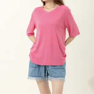 MIDIROSS WOMEN'S LOOSE FIT SHORT SLEEVE V NECK SHIRTS WITH SIDE SHIRRING