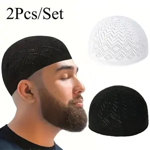 2pcs/Set Men'S Muslim Kufi Cap, Breathable Knitted Polyester Prayer Hat, Lightweight Middle Eastern Arab Traditional Headwear, Adjustable Toggle Closure, Machine Washable, Ramadan Celebration