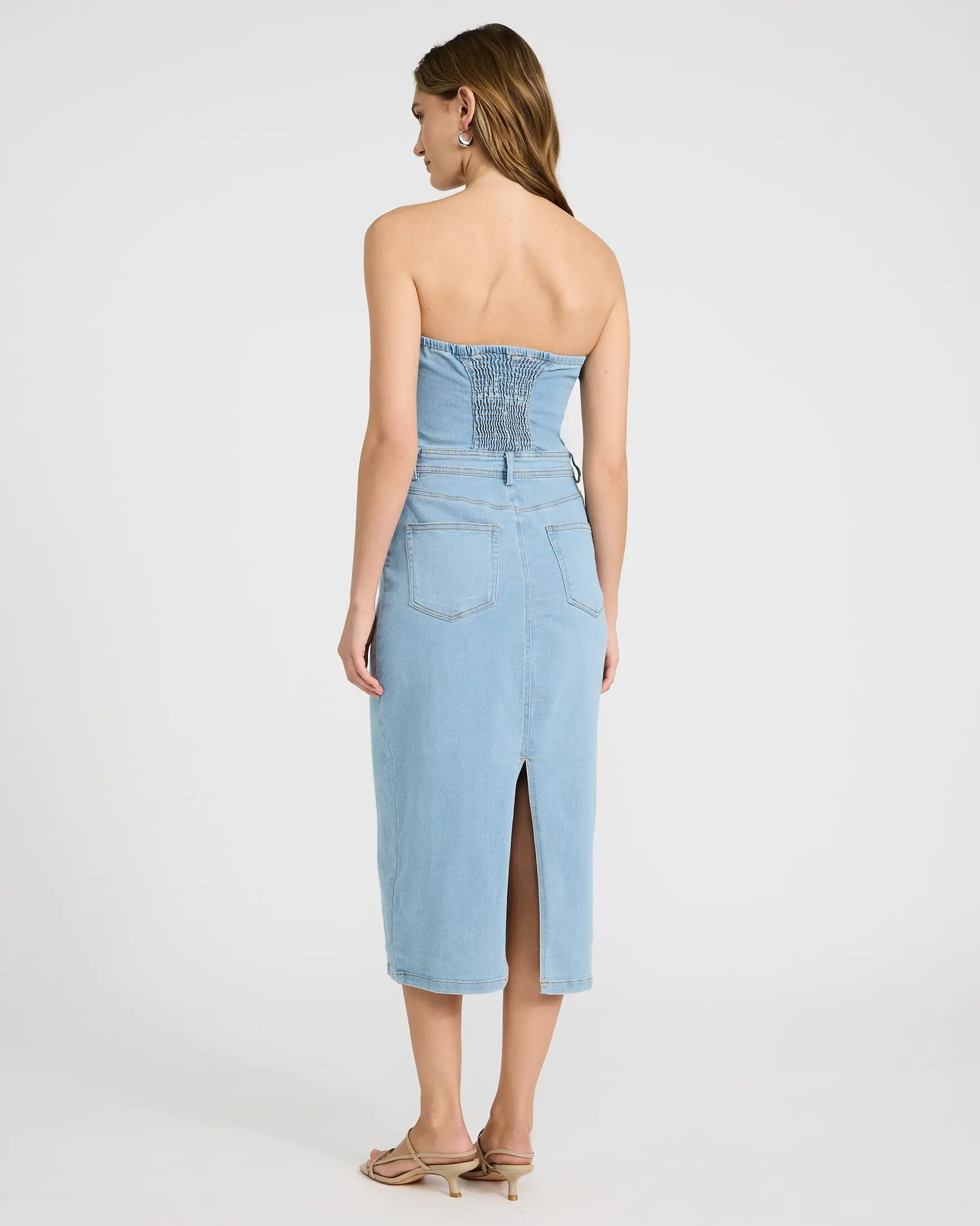 Express Stretch Denim Strapless Zip Front Smocked Midi Dress with Pockets -  TikTok Shop