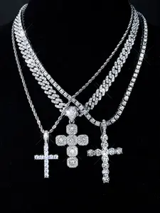 6pcs Hip-Hop Fashion Cross Pendant Necklace Set, Glittering & Dazzling Tennis Chain, Unisex Jewelry for Daily Layered Wear, Cross Charm Necklace, Cross Necklaces