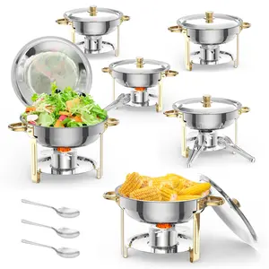 NSF Certified 5QT Round Stainless Steel Chafing Dish 6-Pack - Commercial Buffet Food Warmer Set with Lids, Fuel Holders, Spoons & Tweezers - Gold Catering Equipment for Buffets & Weddings