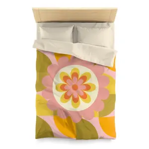 Retro Geometric 1970's Groovy Flower Power Vibes Baby, Toddler, Teen, Green, Pink, Flower Power, Hippie Queen Or Twin Microfiber Duvet Cover