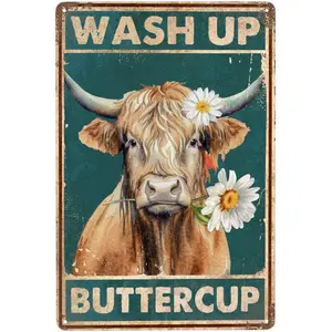 Vintage Highland Cow Metal Tin Sign - Retro 12x8in Waterproof Hanging Plaque, Cute Animal Print Decoration for Door & Bathroom Home Decor, Funny "Wash Up Buttercup" Sign