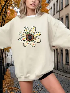 Oversized Crewneck Sweatshirt Beige Floral Daisy Print Casual Streetwear