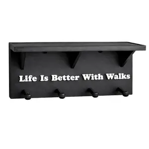 Dog Leash Holder for Wall with Shelf – 4 Hook Wall Mounted Organizer for Leashes, Harnesses & Accessories – Life is Better with Walks Entryway Pet Storage Rack
