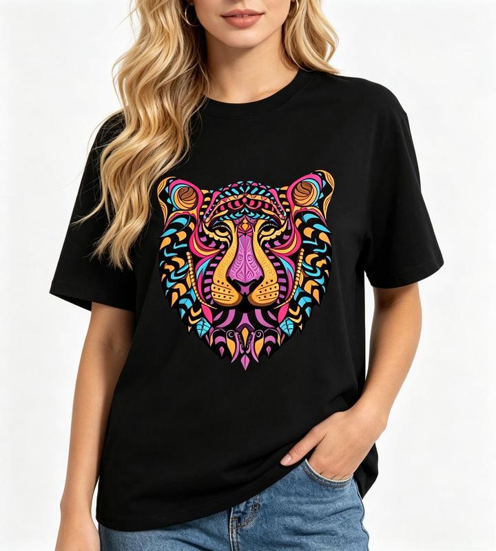 Women's Pure Cotton Breathable Crew Neck Short Sleeves Graphic Print Tailored Cut T-Shirt - Black Boho Tribal Aztec Mandala Tiger Head Animal Casual Top #sohochic