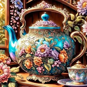 5D DIY Full Drill Round Diamond Painting Kit, Needle Crafts, Teapot Flower Mosaic Canvas Art, Home Wall Decor Gift for Birthday, Anniversary