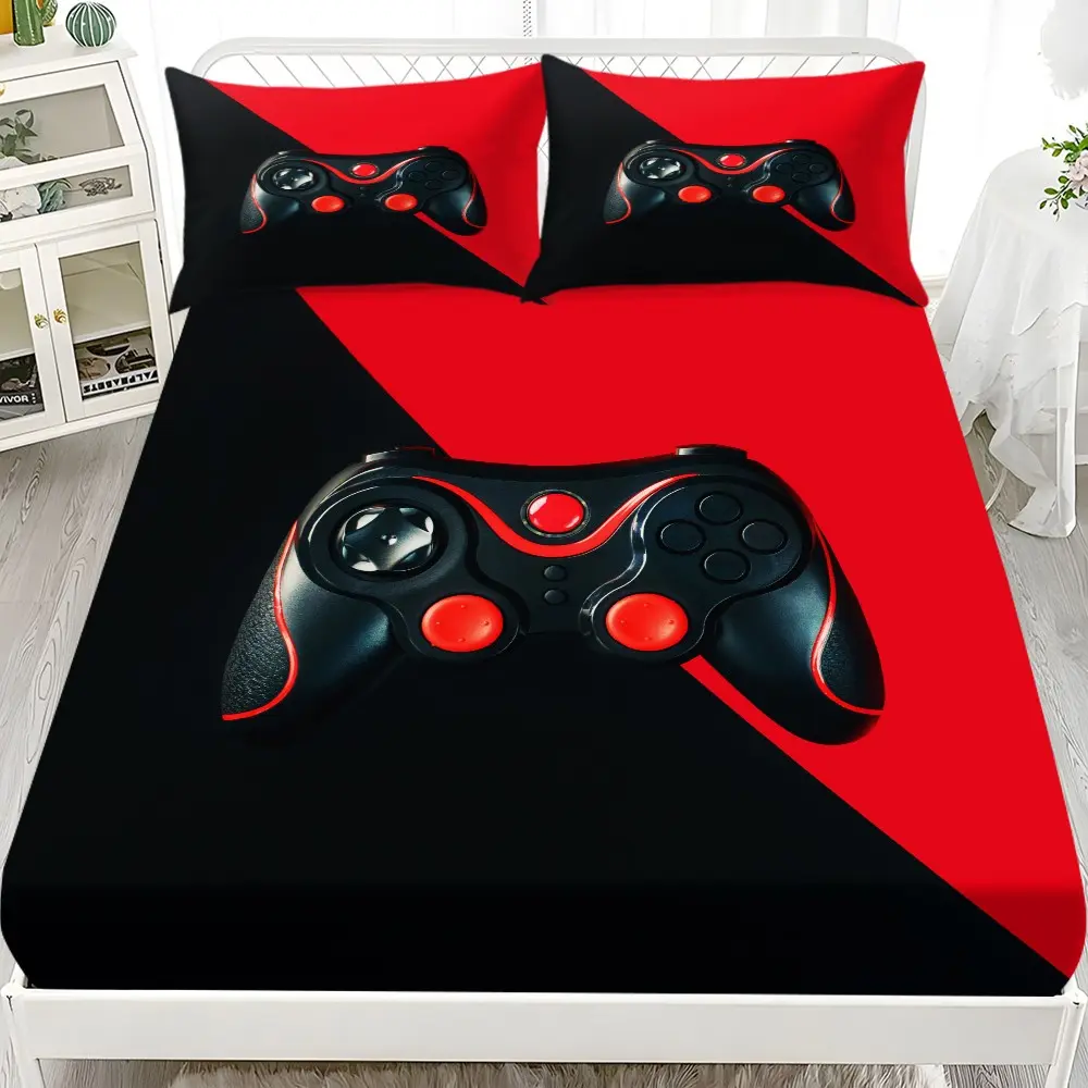 Game Household Bedding Set (1 Fitted Sheet + 2 Pillowcases), Modern Style, Suitable for Dorms, Bedrooms, Hotels, All Seasons, No Fillers