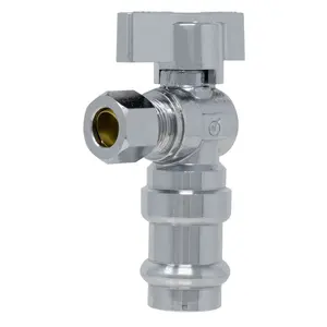 1/4 Turn Angle Stop Valve, 1/2" Press x 3/8" OD Compression Heavy Duty Chrome Plated Lead Free Brass with Ferrule and Nut, ProPress Compatible.