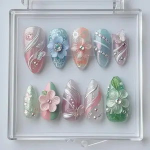 Spring Garden Butterfly Press On Nails |   3D Flower Pastel Pink Blue |   Silver Swirl Rhinestone |   Fairy Wedding Almond Fake Nails Gift