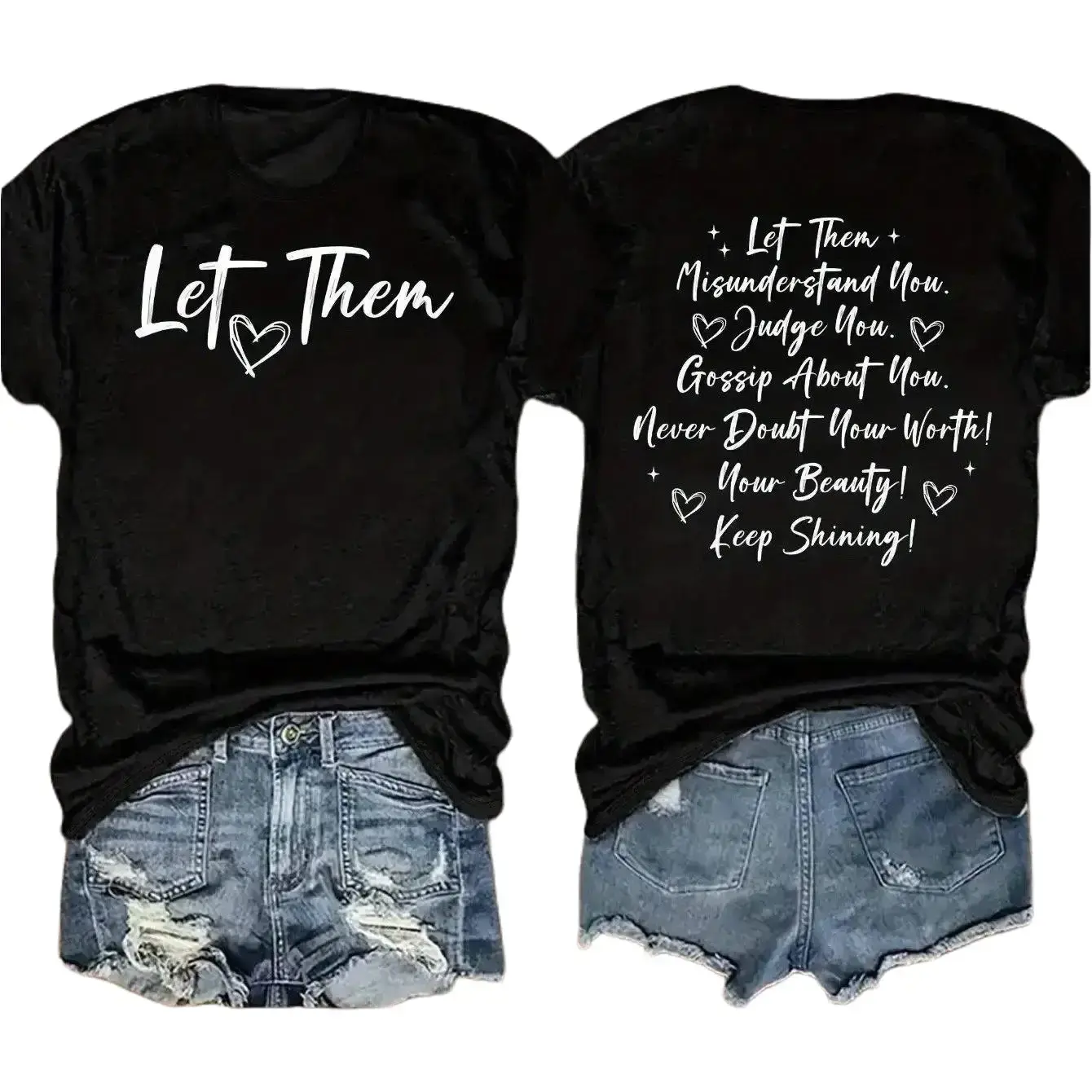 Let Them Inspirational Double-Sided Print T-Shirt, Women's Positive Quote Graphic Tee, Casual Top, Breathable & Loose Fit, S-3XL
