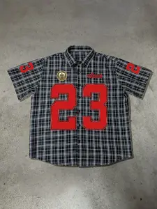 Vintage Plaid Graphic Print Collared Shirt No. 23, Y2K Hip-Hop Streetwear Style Short Sleeve Fitted Stylish Men's Casual Design Fashion Wear, Perfect for Daily Leisure and Skateboarding, Menswear