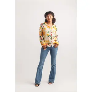 Yellow Colorful Print Long Sleeve Button Up Shirt | Lightweight Statement Blouse for Women