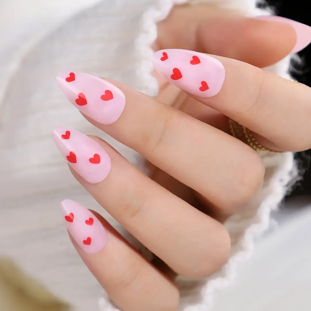 Ivy & Ash Press-On Nails - Love Struck | Short Almond Shape Red Heart Valentine's Day Pattern