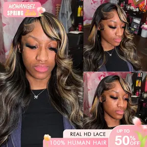 Wowangel 1B/27 Blonde Highlight Wigs 13x6 HD Lace Front Wigs Human Hair Body Wave Glueless Pre Plucked SKINLIKE 0.1mm Extremely Thin Real HD Lace Front Wigs 250% Density Glueless Human Hair Wigs for Women 28 Inch Spring Sale