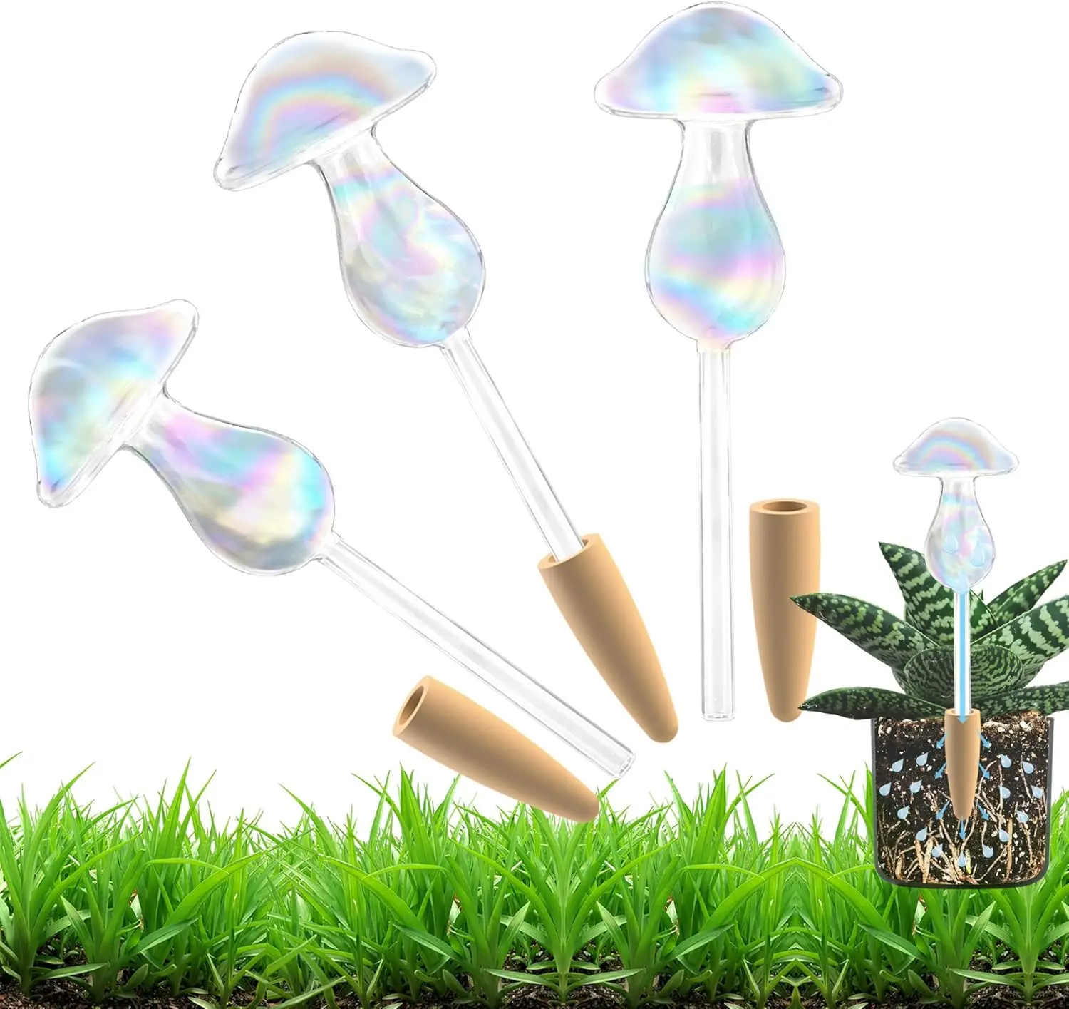 3 Pack Non-Clogging Iridescent Mushroom  Watering Globes with Terracotta Spikes, Hand Blown Glass Self Watering Planter Insert  Watering Devices Bulbs for Indoor and Outdoor