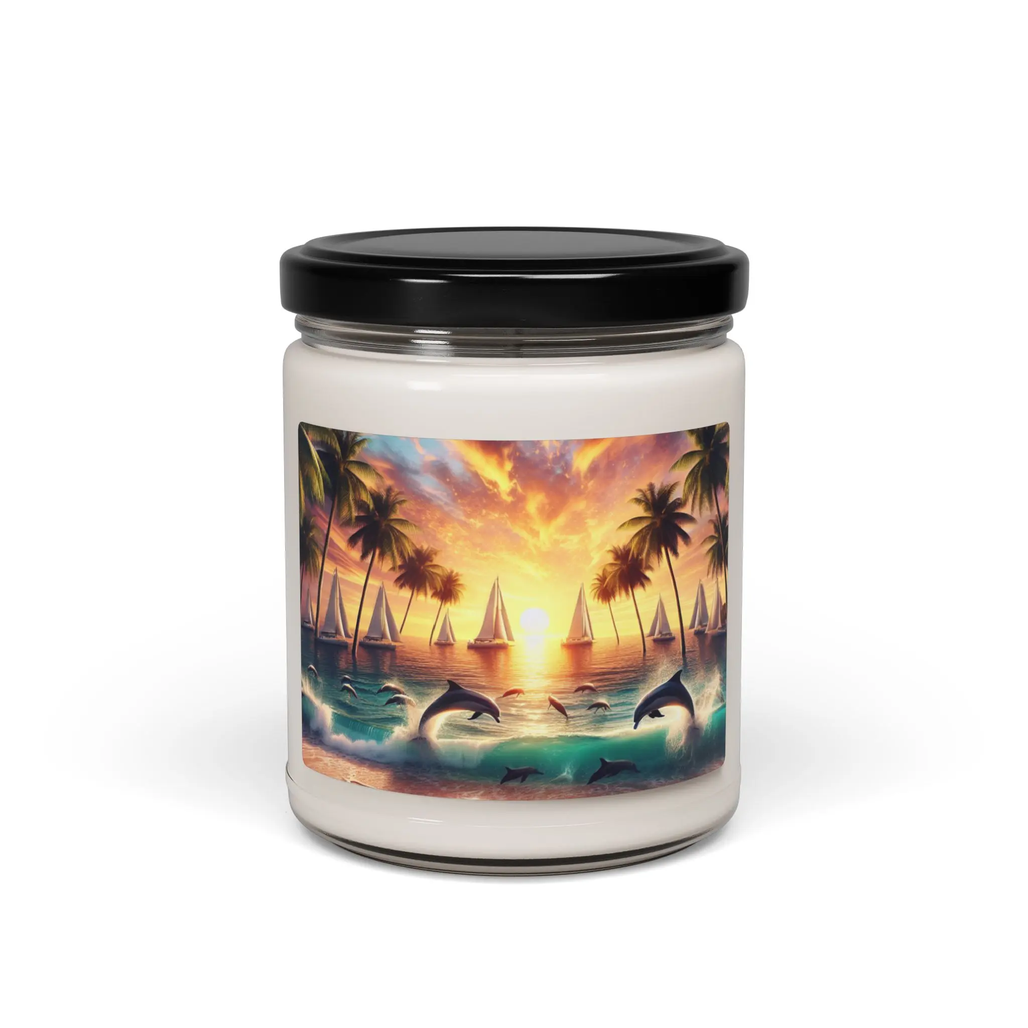 Scented Candle 9 Flavors "Dolphin Delight: A Tropical Sundown Symphony" - 1111 Tropical Beach Sunset with Palm Trees, Dolphins, and Sailboats Art Decor Glass Freshener  Wick Decoration Aroma