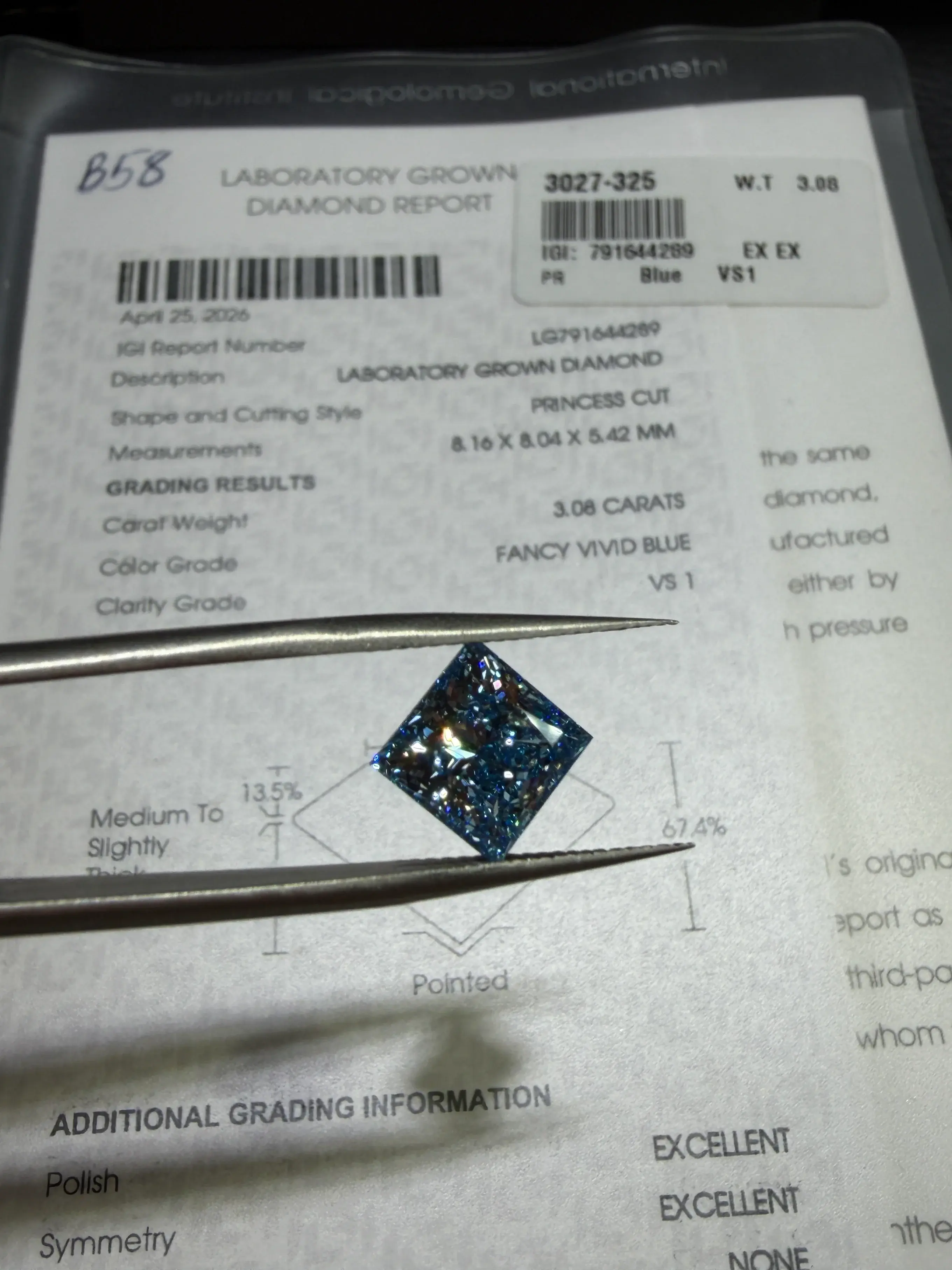 3.08ct Princess Cut Lab Grown Diamond (Fancy Vivid Blue, VS1, IGI Certified)