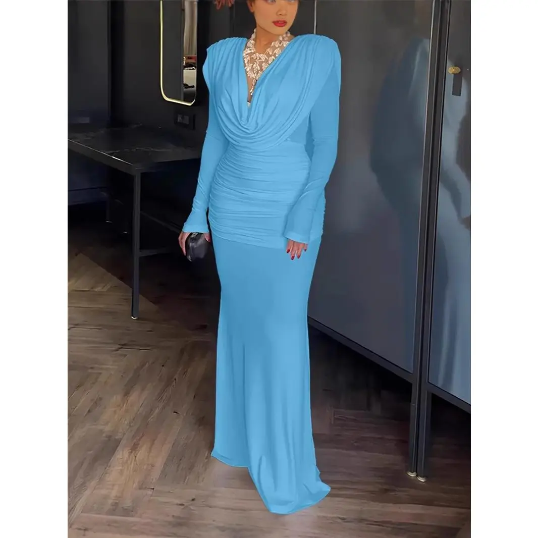 sachin and babi light blue dress The Deep Cowl Ruched Maxi in Stone – marsthelabel