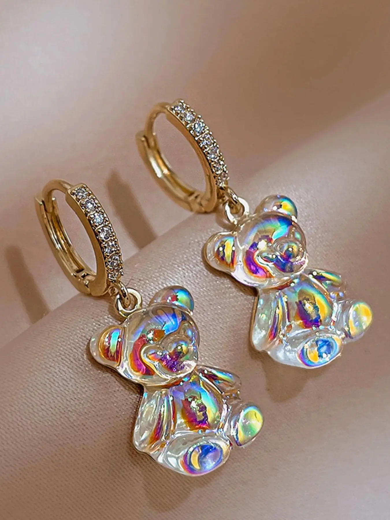 1 Pair Cute Bear Design Rhinestones Decor Dangle Earrings, Fashionable Earrings For Women, Girl's Temperament All-match Accessory