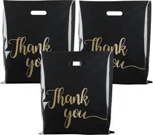 100 Pack Thank You Bags for Small Business 12" x 16" Plastic Shopping Bags with Gold Star Design and Elegant Script Text