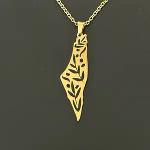 Palestine Map Necklace with Olive Branch Cutout | Palestinian Jewelry | Symbol of Resilience, Freedom, and Heritage | Tatreez Olive Tree Necklace