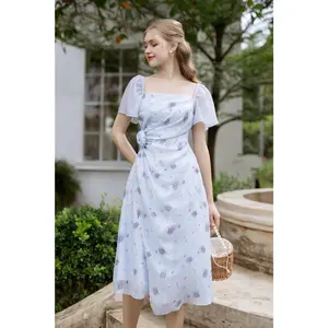 Ixora - short sleeve one side flower midi dress