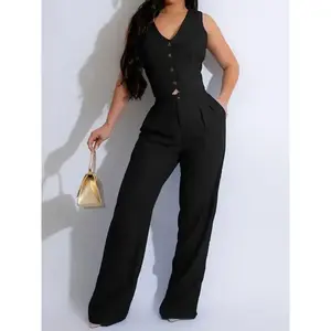 Two-Piece Set Women's Solid Button Front Tie Back Waistcoat & Pocket Pants Set, Business Sleeveless V Neck Top & Trousers for Work Office, Ladies Summer ClothesGift