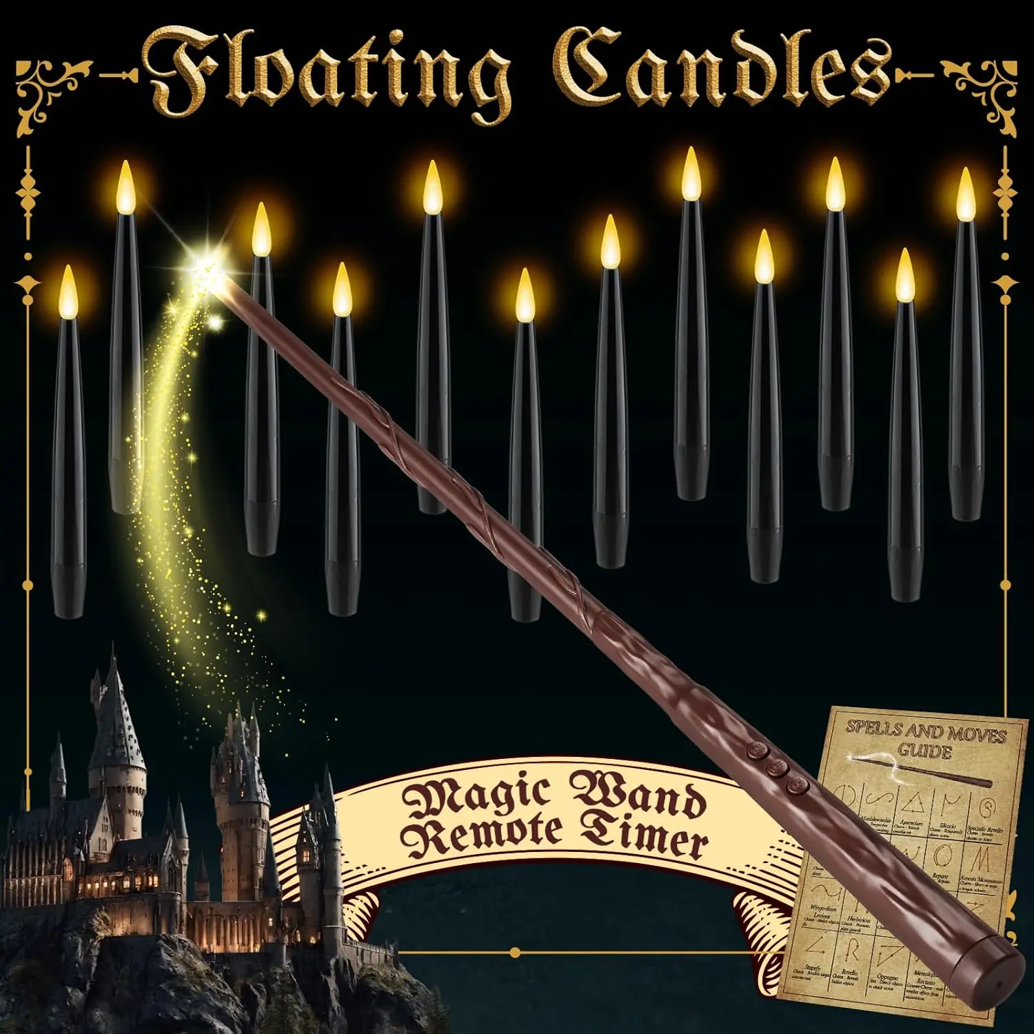Floating Candles with Wand Remote Timer - Magic LED Hanging Flameless Taper Candles Flickering  Operated for Birthday Theme Party Holiday Home Window Decor - Black 12 Pack