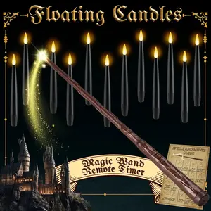 Floating Candles with Wand Remote Timer - Magic LED Hanging Flameless Taper Candles Flickering  Operated for Birthday Theme Party Holiday Home Window Decor - Black 12 Pack