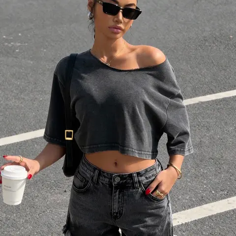 Women's Asymmetrical Crop Top Short Sleeve, Summer Casual Loose Fitted Cute Loose Fit, Plain Basic Minimalist Sporty Streetwear Style, Ideal for Daily Commute, Leisure, and Fitness, Casual Streetwear Tops