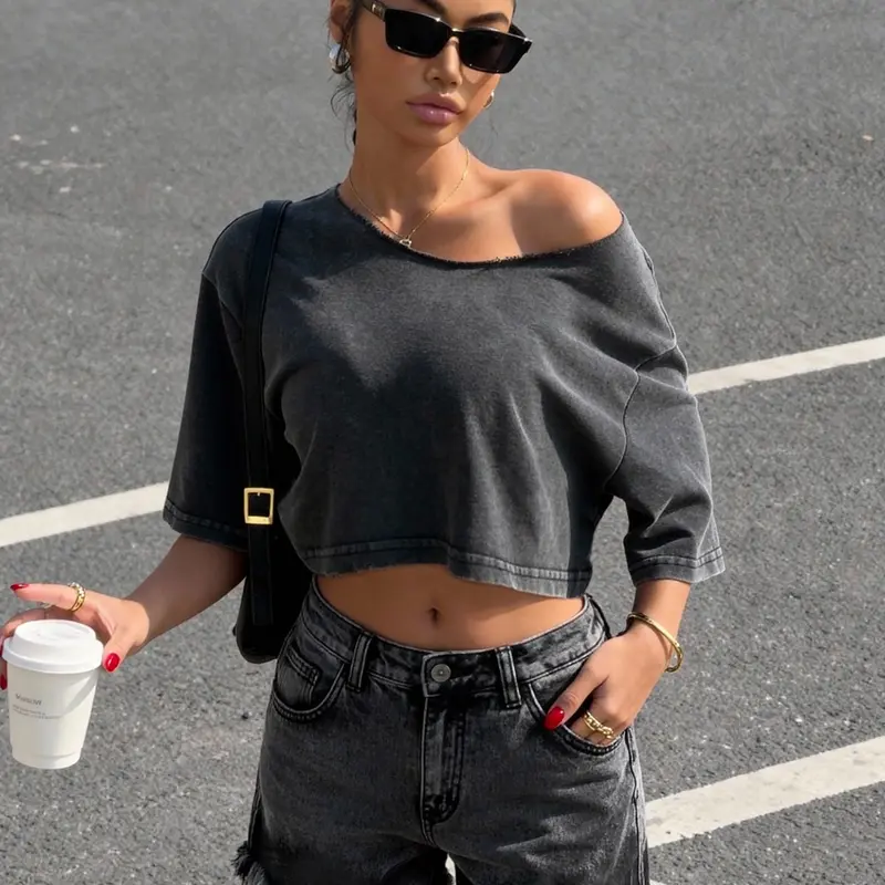 Women's Asymmetrical Crop Top Short Sleeve, Summer Casual Loose Fitted Cute Loose Fit, Plain Basic Minimalist Sporty Streetwear Style, Ideal for Daily Commute, Leisure, and Fitness, Casual Streetwear Tops