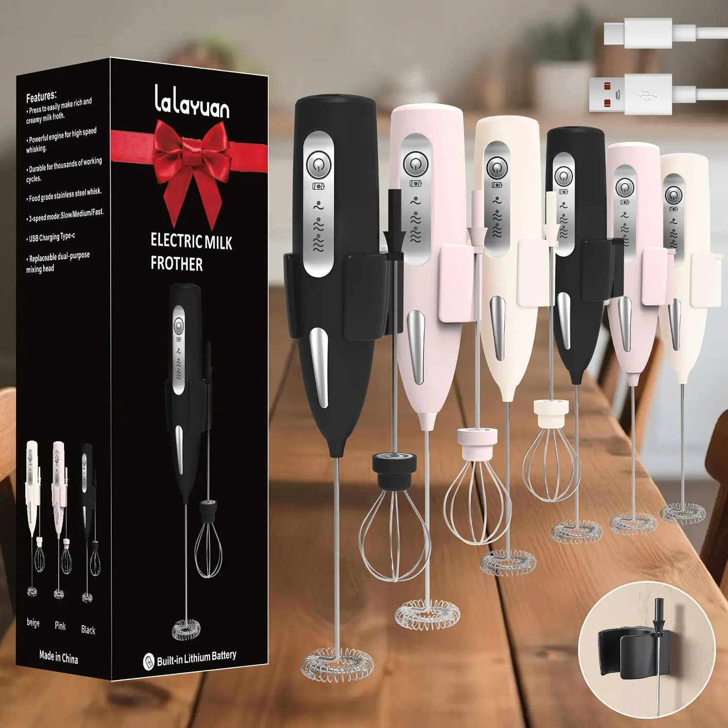 3-Speed USB Rechargeable Electric Milk Frother, 2 Optional Heads(Foam Maker & Egg Whisk) | Powerful Handheld Drink Mixer, Fast Foam In Seconds for Coffee, Cap, Chocolate, 304 Stainless Steel Quiet Portable Mini Blender | Perfect Gift for Home Barista