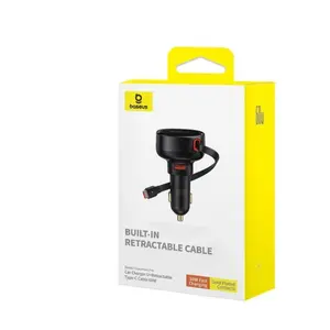 Baseus Enjoyment Pro 60W Fast Car Charger Quick Charging USB+Biut-in Retractable Type-C Cable for iPhone Huawei Samsung Black Device Cellphone Smartphone Electronic Mobile