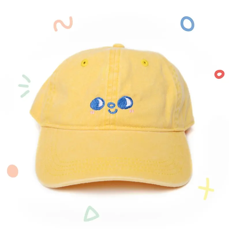 Kawaii Face Hat | Cute Embroidered Hat | Pastel Aesthetic Cap | Happy Face Dad Hat | Yellow Cotton Cap | Whimsical Streetwear | Adjustable Strapback