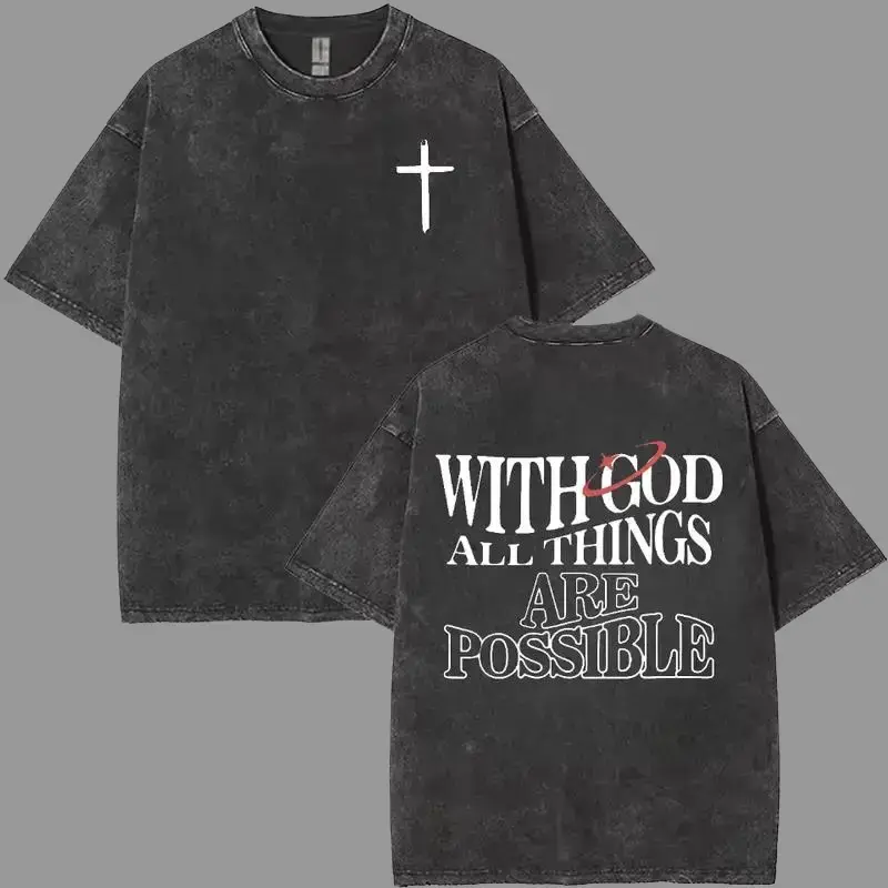 Menswear Classic Short-Sleeve Vintage Washed Cotton T-Shirt - Unisex Oversized Minimalist Faith Streetwear Top, Small Front Cross Print Double-Sided Christian Quote Graphic Casual Tee