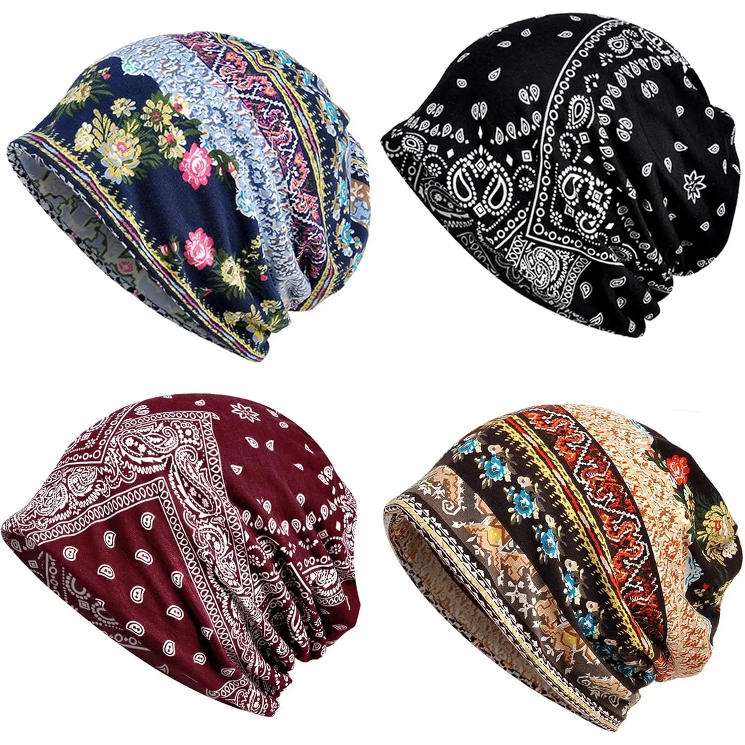 Unisex 4-Pcs Cotton Slouchy Beanie Hats - Ultra-Soft, Breathable Double-Layer Running Cap, Hip-Hop Style, Free Size, Chic & Reversible Design, Hair Accessory Gift for Chemo Patients
