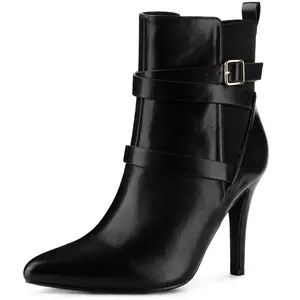 BLISSFUL STEP Pointy Toe Elastic Cross Straps Stiletto Heel Ankle Boots