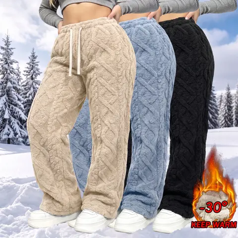 Women’s fleece-lined wide-leg pants, 3-pack, with elastic waistband and drawstring.Double-sided jacquard plaid design with a thick fleece lining that enhances warmth and durability; suitable for home, commuting, walking, and everyday outings.