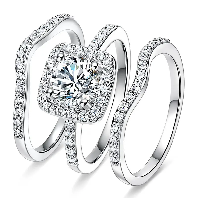 3Pcs AA Cubic Zircon Set Rings Women for Wedding Engagement Luxury Silver Color High-quality Female Rings Trendy Jewelry