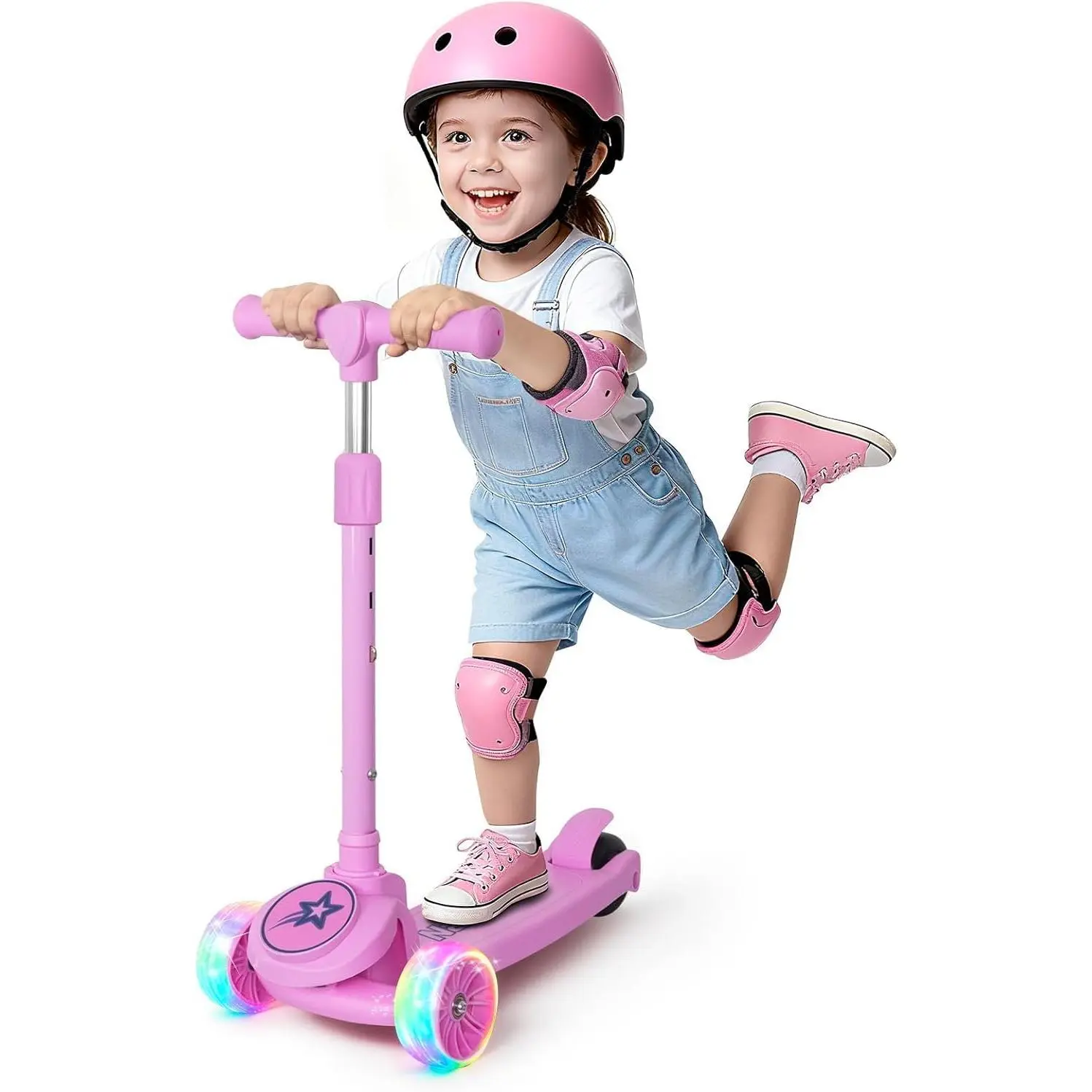 Kids Scooter for Girls Boys with Light Up Wheels, 3 Adjustable Height Handlebars, Lean-to-Steer Technology, Widen Anti-Slip Deck, 3 Wheel Scooter for kid ages 3-8, Support Riders Up 110 LBS