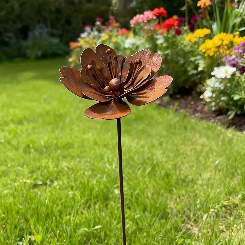 Rustic Metal Flower Garden Stake, Vintage Iron Floral Sculpture, Leaves & Flowers, Outdoor Yard Decor, Garden Accessories, Garden Sculptures Statues
