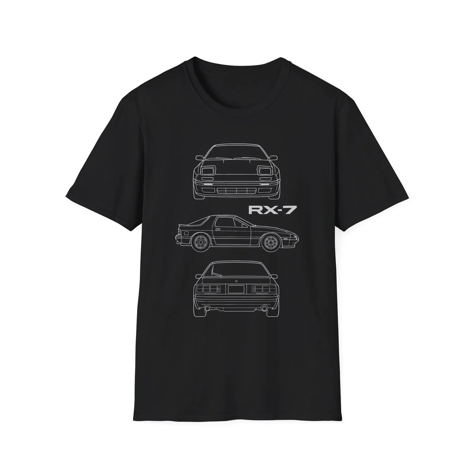 Mazda RX-7 FC T-Shirt Sweatshirt Hoodie, 80s JDM Rotary Car Line Art Tee Front Side Rear View, Car Enthusiast and Fans Gift