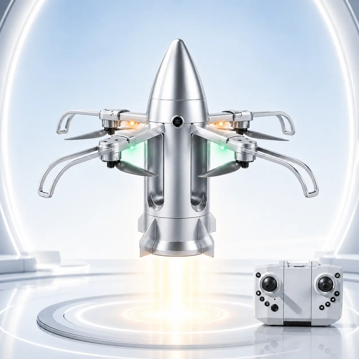 Remote Control Rocket Drone for Kids, Dragon StarShip, LED Light Up Flying Toy with Auto Hover, Spray Mist, Controller and Refill Bottle