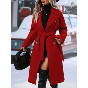 Women's Elegant Solid Color Double-Breasted Coat with Belt, Perfect Choice for Autumn and Winter Seasons